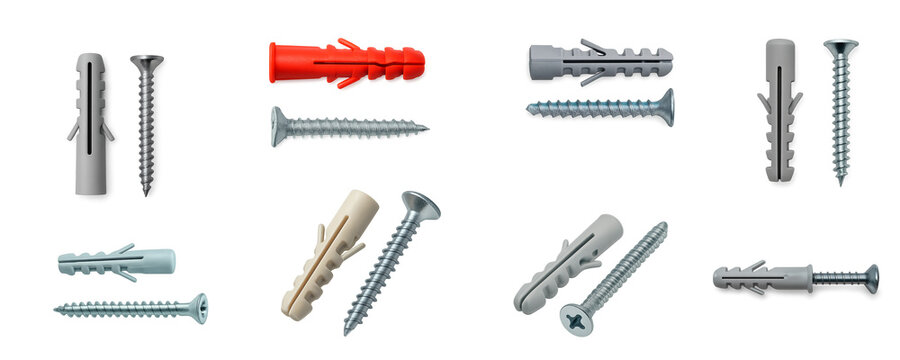 Wall plug and screw anchor set includes assorted plastic dowels with matching metal screws; designed for secure mounting in drywall, brick, or concrete in home repair and installation projects