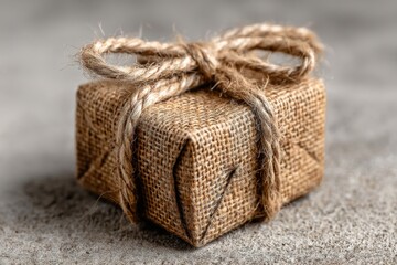 Obraz premium Small rustic gift wrapped in burlap twine displayed on a textured surface