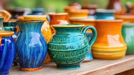 A vibrant display of handcrafted ceramic pottery in various shapes and colors, showcasing artistry and creativity in traditional designs.