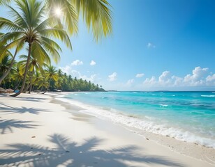 Azure ocean waves meet the white sand beach, palm trees sway in tropical breeze under the clear blue sky on a summer day.