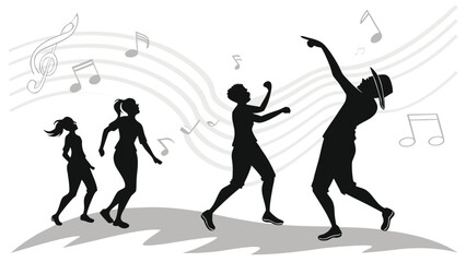 Silhouettes of people dancing to music notes with curved lines in the background in black and white