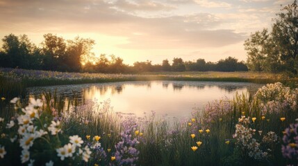 Sunrise over a tranquil pond, surrounded by wildflowers