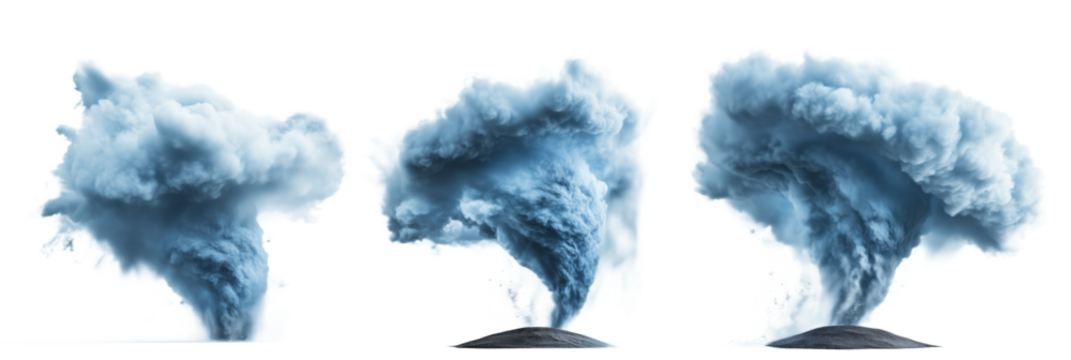 Dramatic volcanic eruption sequence showcasing ash clouds and smoke plumes, isolated on transparent background