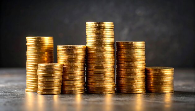 Gold coins stacked in ascending columns on dark surface