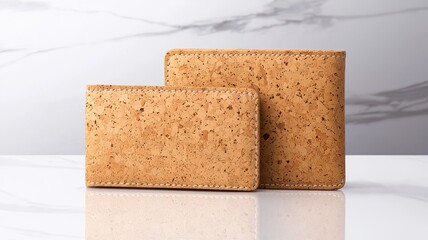 Two stylish cork wallets of different sizes displayed on a marble surface, showcasing a natural and eco-friendly design.