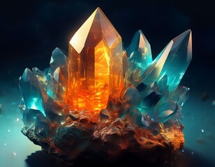 a vibrant crystal cluster amber hued point atop a bed of teal crystals rests on a dark stone soft diffused light highlights the facets