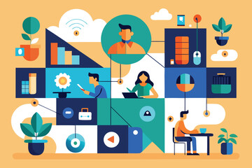 Modern geometric illustration depicting various aspects of daily life and activities in a simplified design