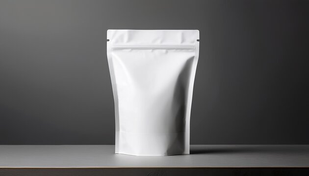 white mockup displaying blank stand up pouch presenting clean packaging design opportunity with minimalist background for brand visualization and marketing presentation