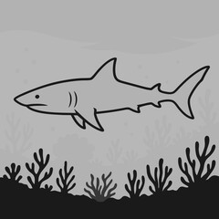 Black shark outline illustration with underwater coral reef scene in the background
