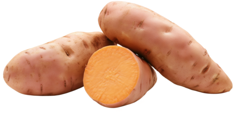 Fresh sweet potatoes with vibrant orange flesh and smooth skin for healthy cooking, isolated on transparent background