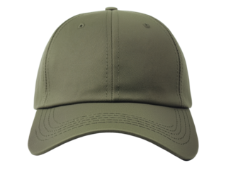 Olive green baseball cap with structured front and adjustable strap, isolated on transparent background