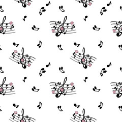 Seamless pattern of musical symbols or logo, G key and musical notes, with pink flowers providing a decorative touch to the musical composition with white background