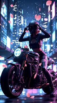 Anime Style Woman on Motorcycle with Leather Outfit Adjusting Her Helmet in City Street with Night Lights and Falling Petals