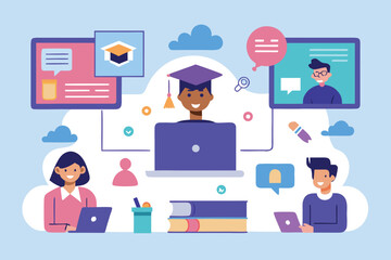 Online education illustration featuring students and instructors connecting and learning remotely via technology