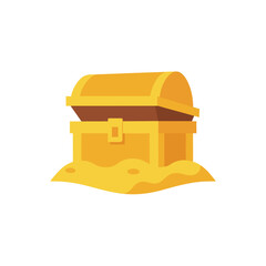 treasure chest half buried in golden sand on white 