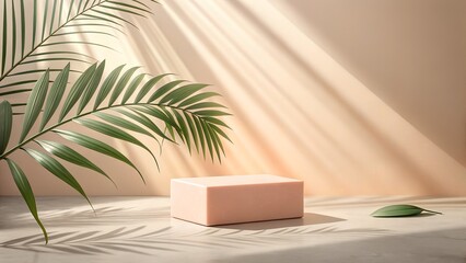 Fototapeta premium Minimal product display with peach block and tropical leaves in soft sunlight