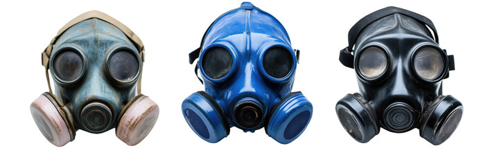 Collection of vintage gas masks showcasing different colors and designs, isolated on transparent background