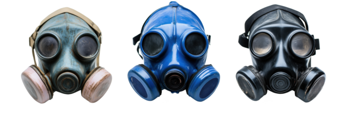 Collection of vintage gas masks showcasing different colors and designs, isolated on transparent background