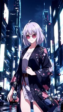 Anime Style Woman with Floral Kimono in Illuminated Urban Manga Scene with Short White Hair and Round Sunglasses
