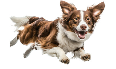 Energetic dog leaping in mid-air with joyful expression and flowing fur, isolated on transparent background
