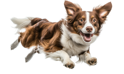 Energetic dog leaping in mid-air with joyful expression and flowing fur, isolated on transparent background