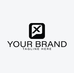 Modern logo design featuring an X within a speech bubble inside a square.