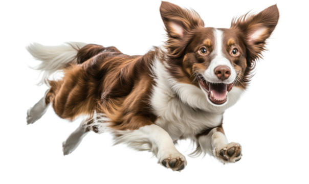 Energetic dog leaping in mid-air with joyful expression and flowing fur, isolated on transparent background