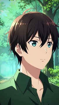 Anime Style Young Man Portrait with Brown Hair and Blue Eyes in Forest Background