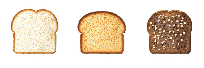 Variety of Sliced Bread Including White, Wheat, and Multigrain Options, isolated on transparent background