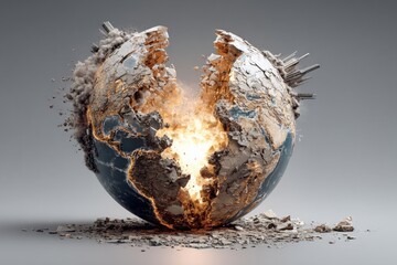 Surreal globe: chaos and peace in a split world image. Historical roots. The new world order: speculation, reality, and global power structures. Digital future. Unity symbols.