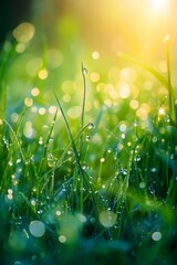 Fototapeta premium Grass dew reflects colorful sunlight