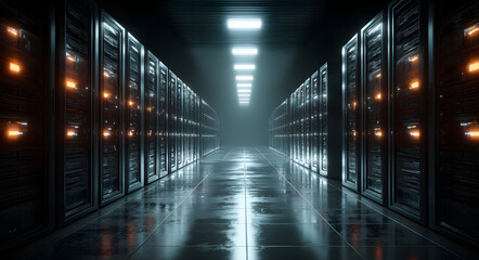 Long dark server room corridor with rows of computer racks data center