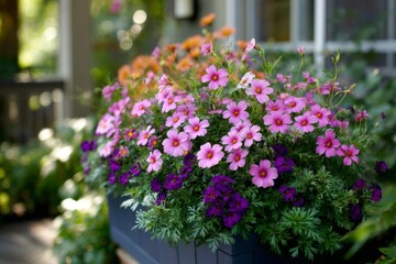 Colorful blooms adorn a charming window box in a sunny garden setting during springtime