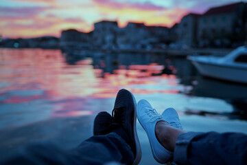 Couple Relaxing By the Water During a Stunning Sunset Evening