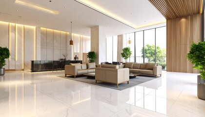 Modern, spacious lobby with light beige and wooden accents