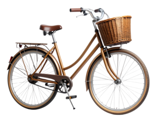  Vintage Bicycle with Front Wicker Basket, Side View Isolated on White