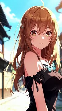 Anime Style Young Woman in Black Dress with Butterfly Accessories in Japanese Street Setting