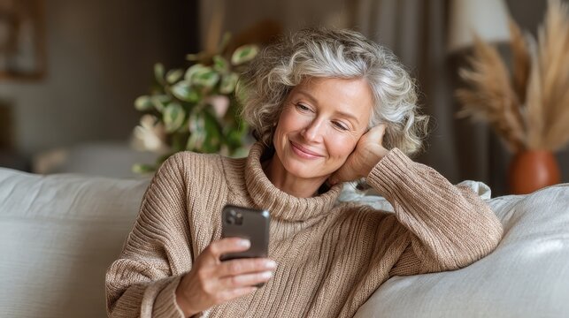 Mature woman smiles while using a smartphone on her comfortable couch. Showcase relaxed moments and modern technology, targeting mature demographics.