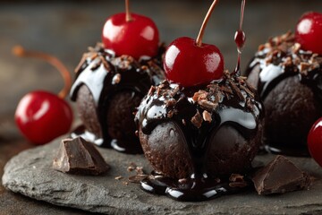 Delicious chocolate desserts with cherries topped with sauce served on a stone plate