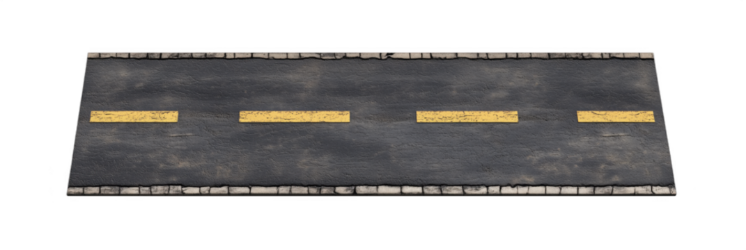 Textured asphalt road surface with yellow lane markings and weathered edges, isolated on transparent background - Powered by Adobe