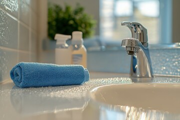 A sparkling white bathroom sink with a chrome faucet. Cleaning spray and a microfiber cloth resting nearby. Water droplets glistening under bright lighting to emphasize cleanliness.
