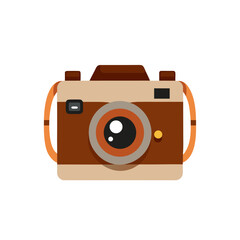 vintage camera with leather strap on white 