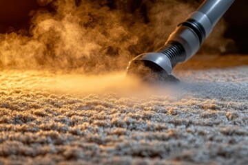A powerful steam cleaner releasing vapor as it cleans a soft, plush carpet. Warm lighting with a contrast between the cleaned and uncleaned areas.