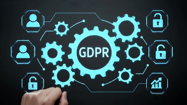 GDPR Concept Finger Touching Digital Gears on Dark Blue Background for Data Protection and Compliance Visualization