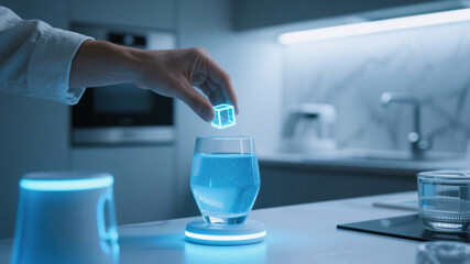 Fototapeta premium Cutting-edge health routine with dissolving functional cube in smart hydration vessel — futuristic minimalist home lab