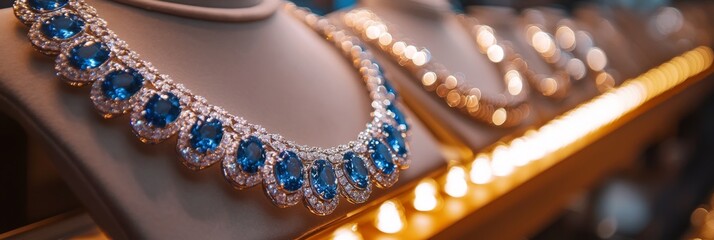 Elegant sapphire and diamond jewelry showcased at store, featuring intricate designs that capture attention and enhance beauty, inviting customers to explore luxurious options