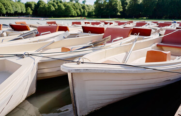A group of neatly arranged rowboats tied together at a serene pond surrounded by lush greenery. The...