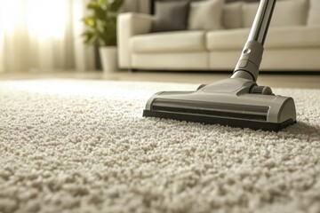 A sleek, modern vacuum cleaner gliding over a thick, white carpet. Visible dust being sucked in for an effective cleaning look. Bright and cozy ambiance.