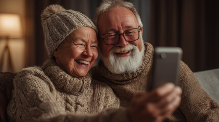 Two senior people on video call looking joyful and connected, wearing cozy sweaters and sharing lighthearted moment with their family online