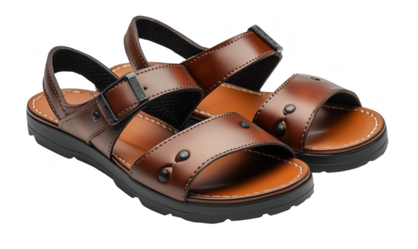Stylish brown leather sandals with adjustable straps and comfortable sole, isolated on transparent background